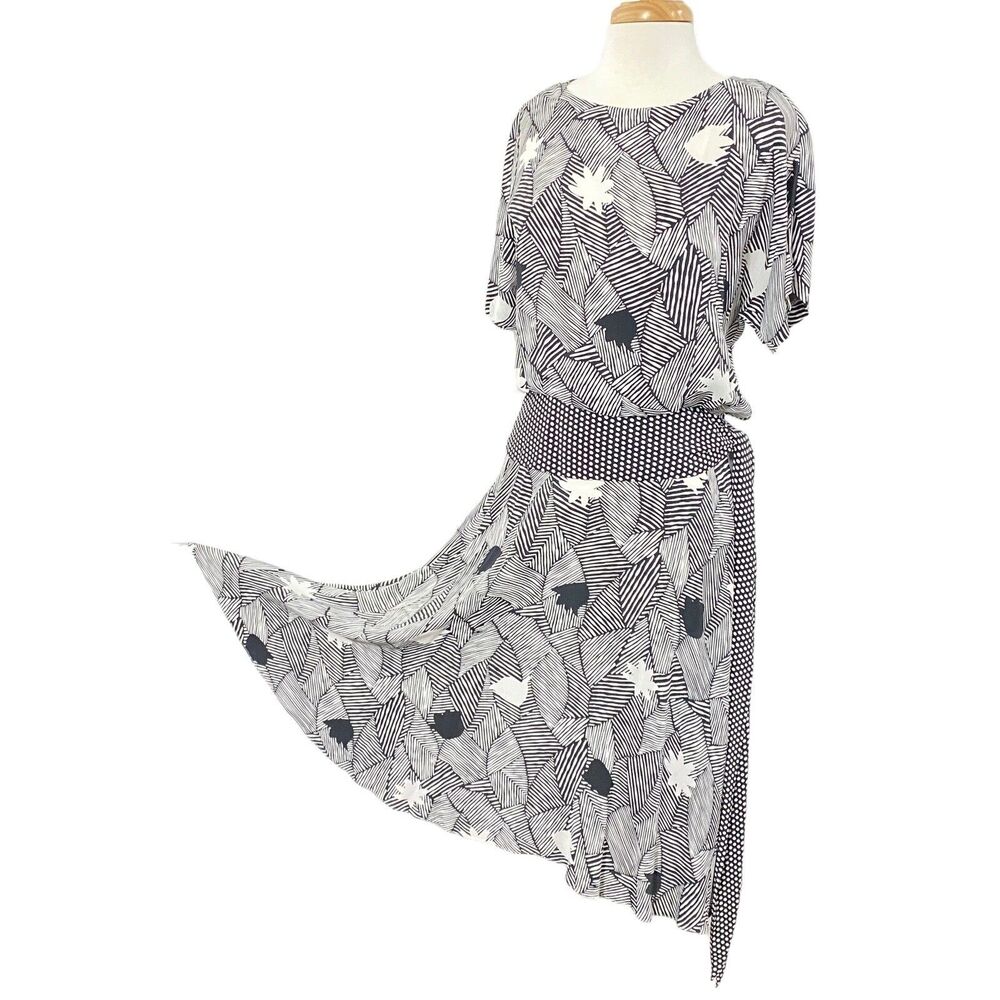Vtg NEIMAN MARCUS Black Ivory Print BLOUSON Bodice S M Tie Belt SWING Full Skirt